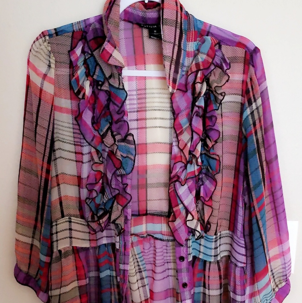 Colored sheer blouse w/ruffled front